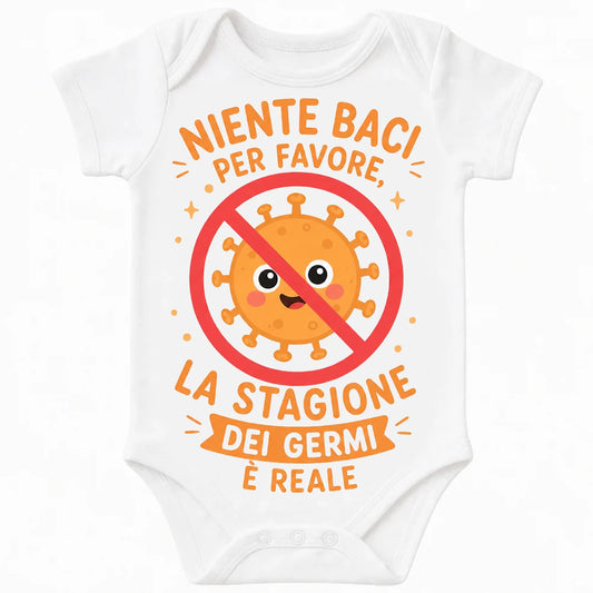 No Kisses, Germ Season Is Real baby bodysuit in Italian, White