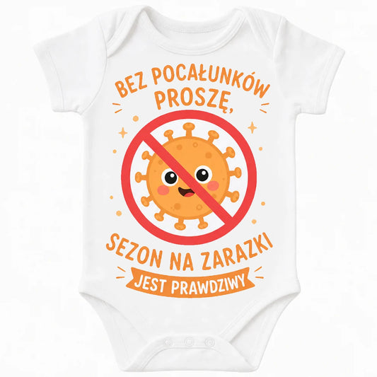 No Kisses, Germ Season Is Real baby bodysuit in Polish, White