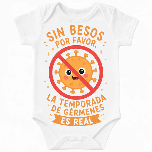 No Kisses, Germ Season Is Real baby bodysuit in Spanish, White