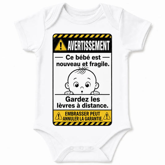 Warning: New and Fragile baby bodysuit in French, White