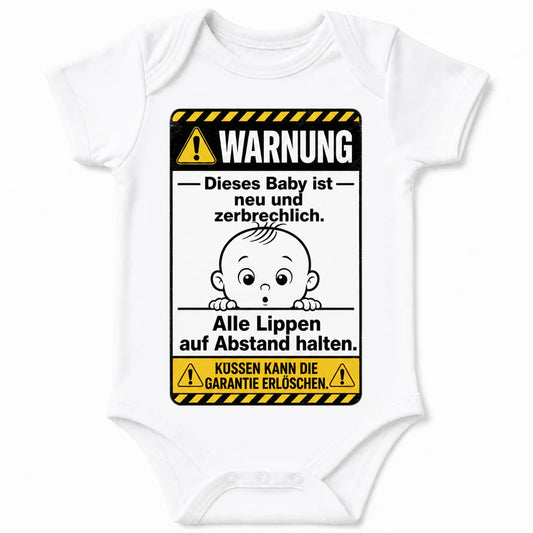 Warning: New and Fragile baby bodysuit in German, White