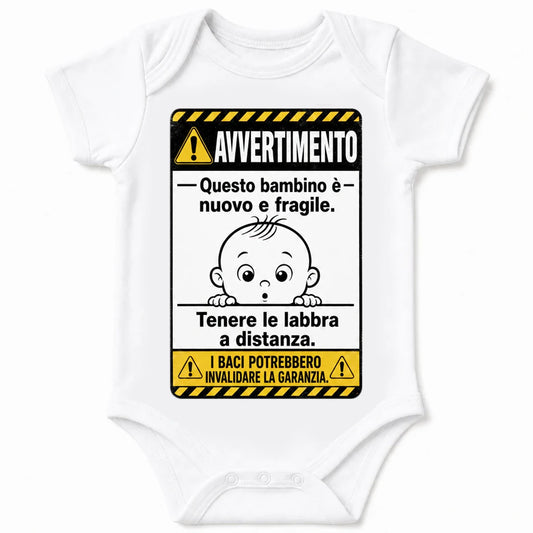 Warning: New and Fragile baby bodysuit in Italian, White