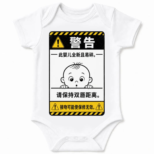 Warning: New and Fragile baby bodysuit in Mandarin, White