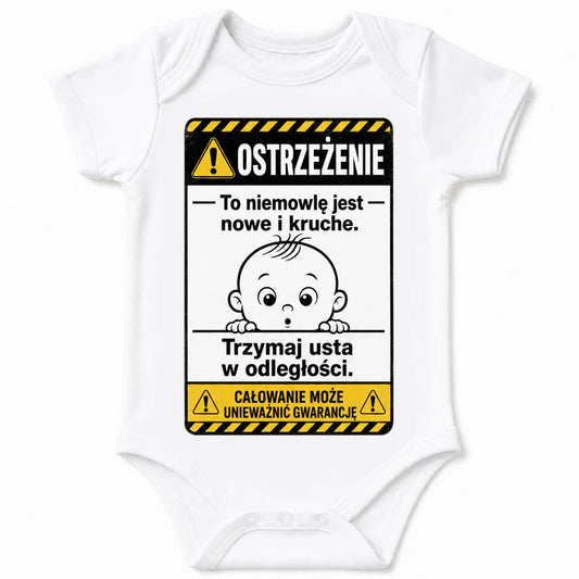 Warning: New and Fragile baby bodysuit in Polish, White