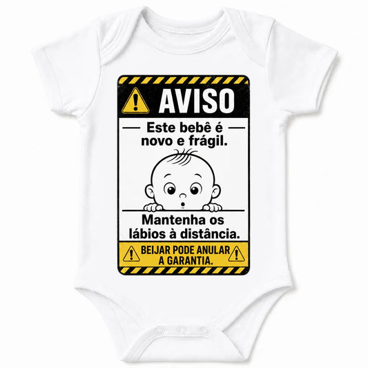 Warning: New and Fragile baby bodysuit in Portuguese, White