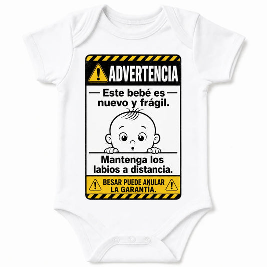 Warning: New and Fragile baby bodysuit in Spanish, White